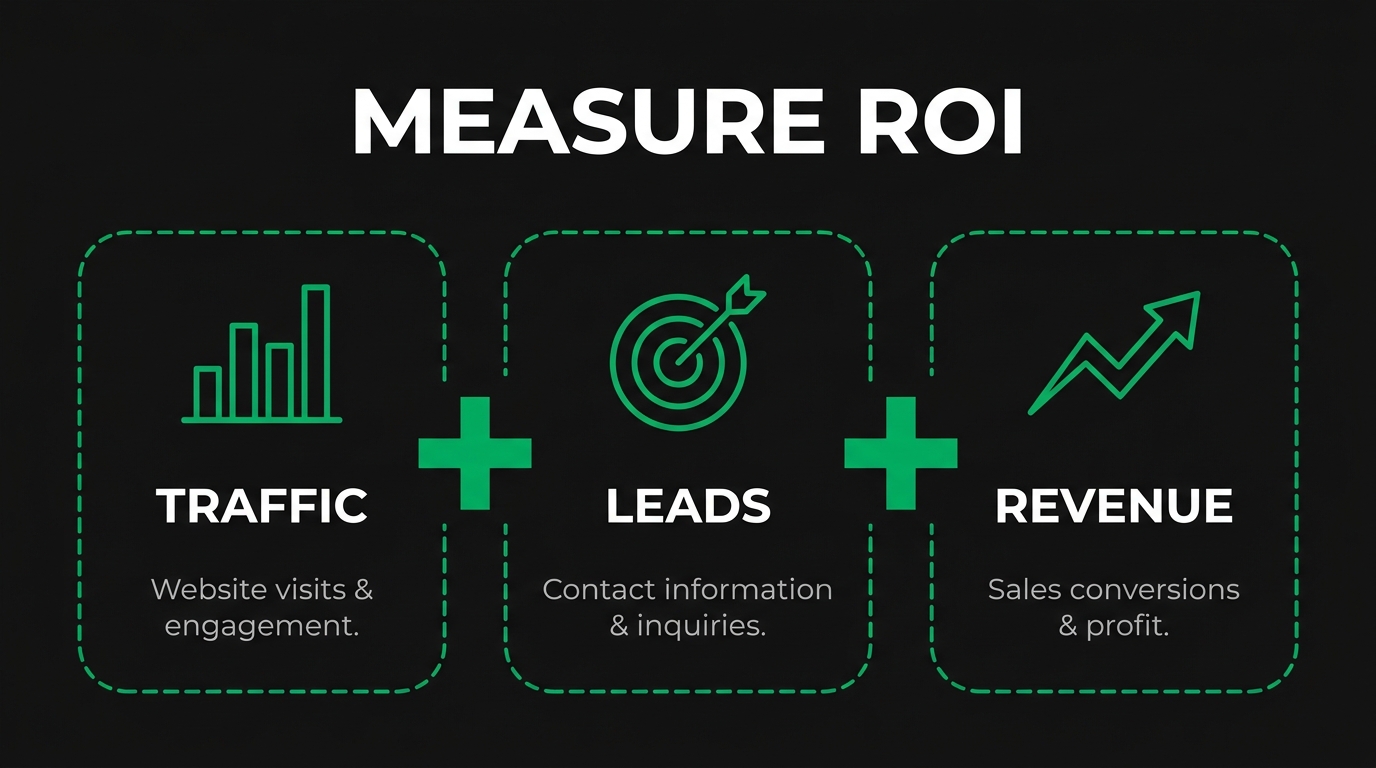 Three icon cards showing measure roi with traffic, leads, revenue