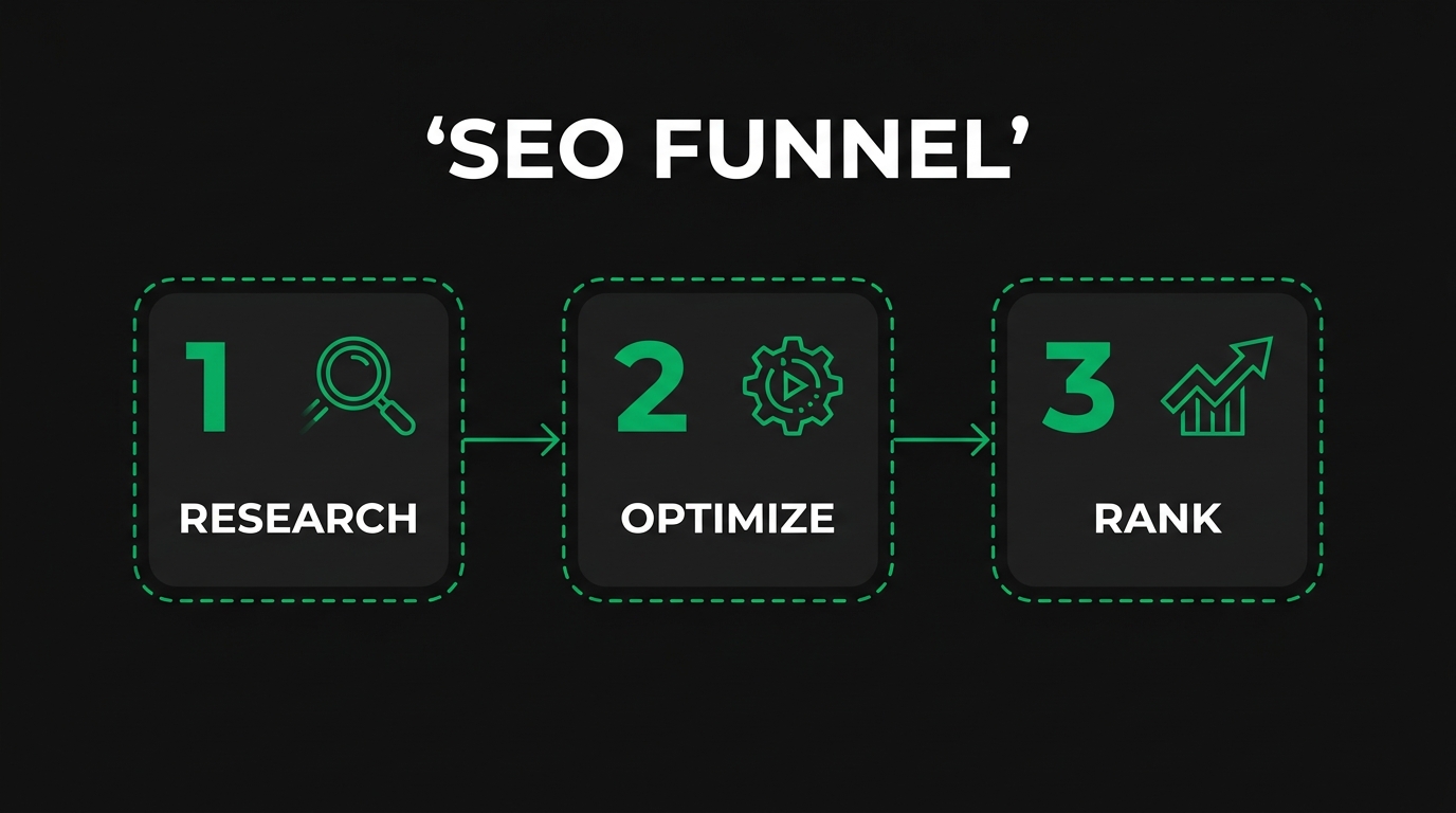 Three-step diagram showing seo funnel with research, optimize, rank