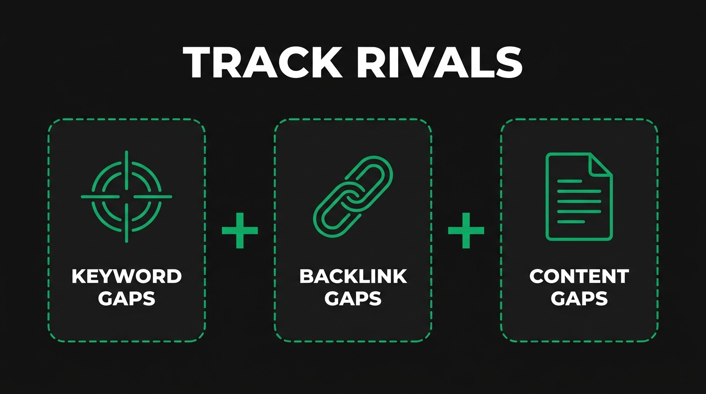 Three icon cards showing track rivals with keyword gaps, backlink gaps, content gaps