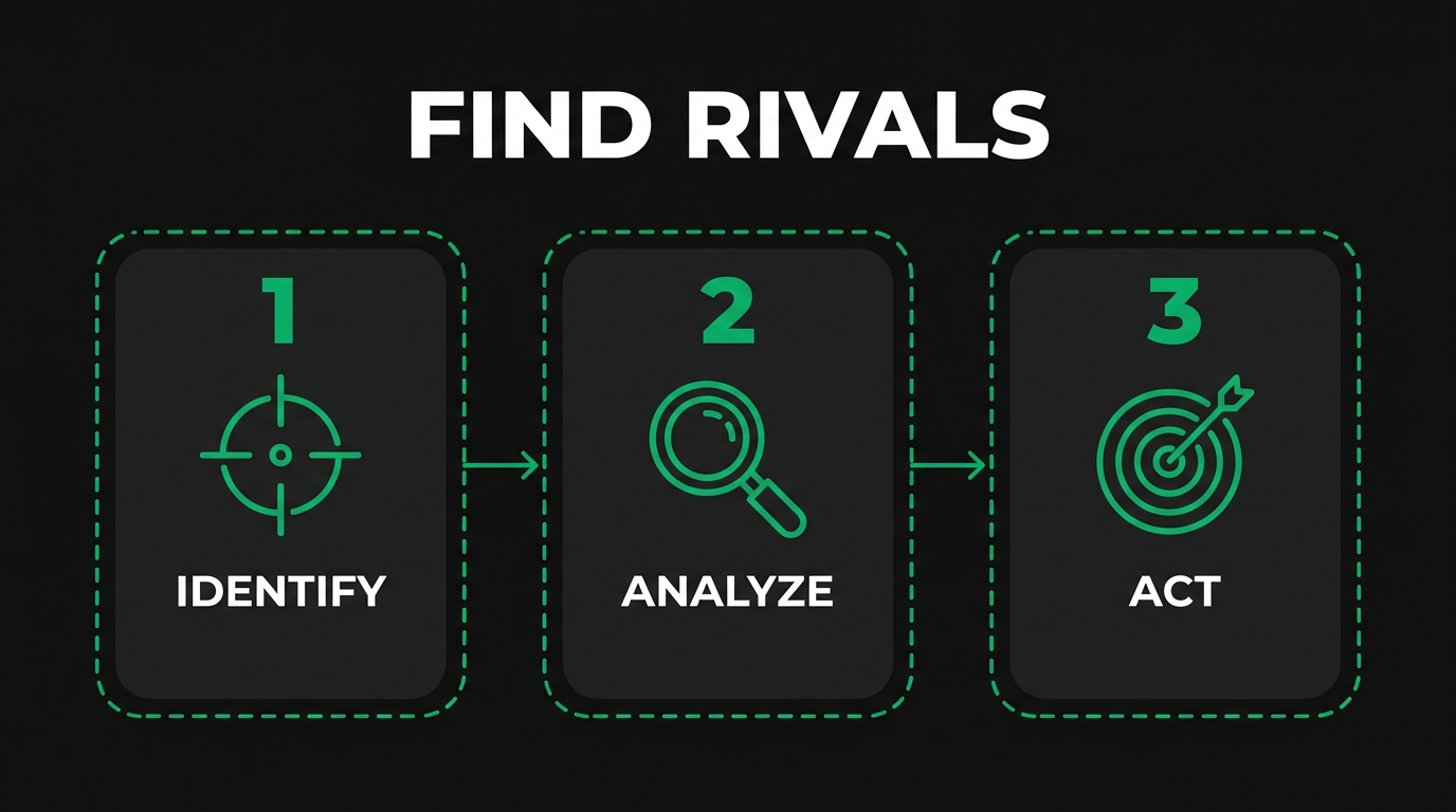 Three-step diagram showing find rivals with identify, analyze, act