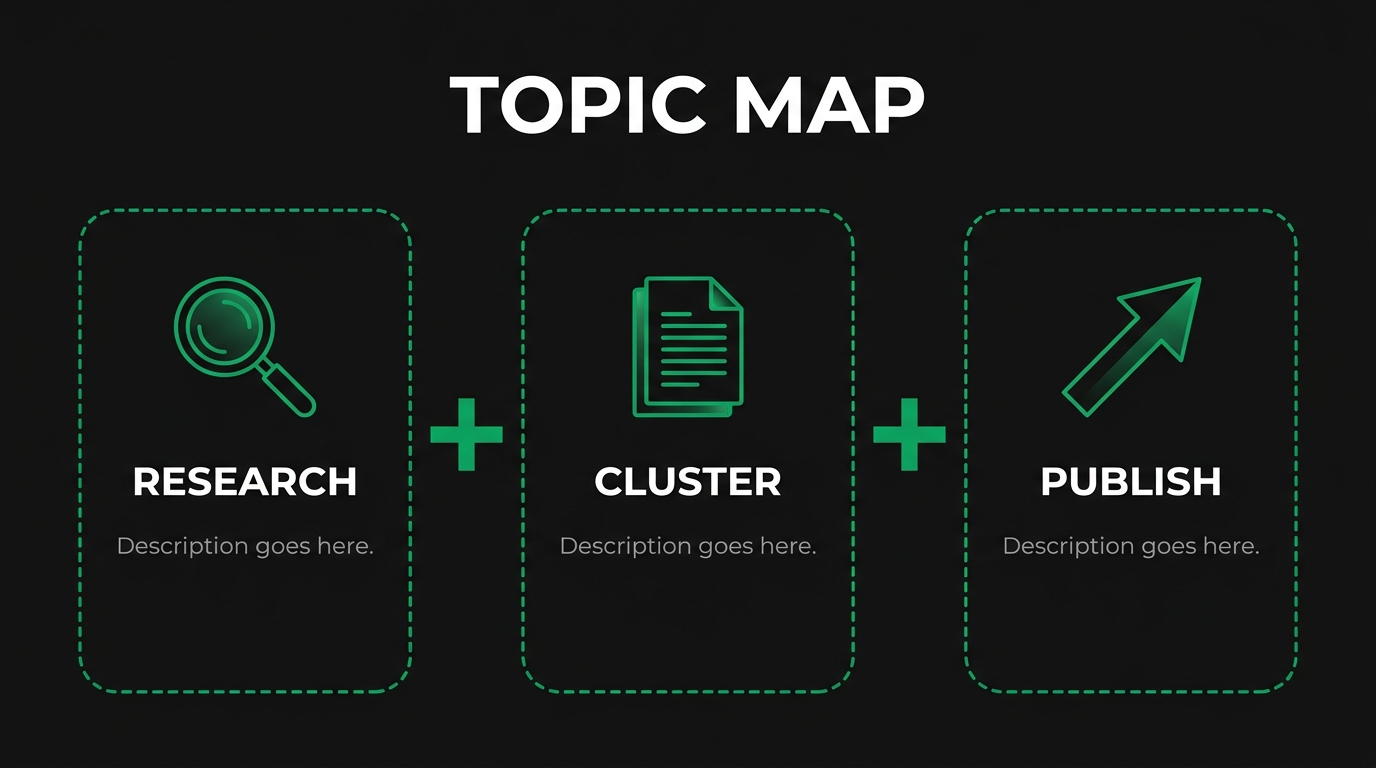 Three icon cards showing topic map with research, cluster, publish