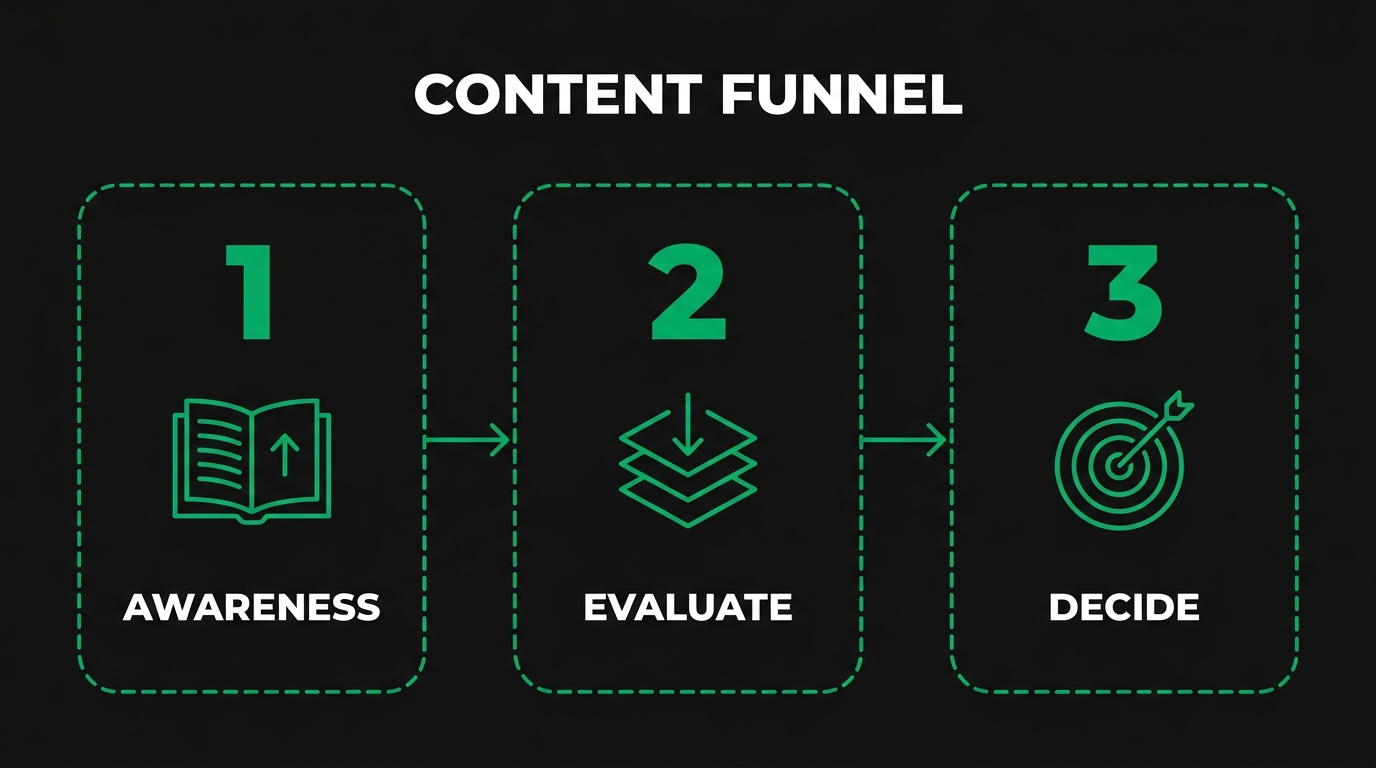 Three-step diagram showing content funnel with awareness, evaluate, decide