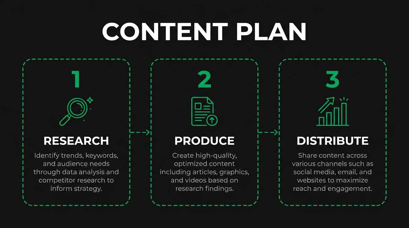 Three-step diagram showing content plan with research, produce, distribute