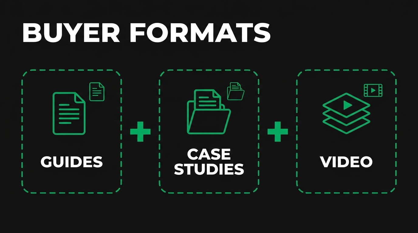Three icon cards showing buyer formats with guides, case studies, video