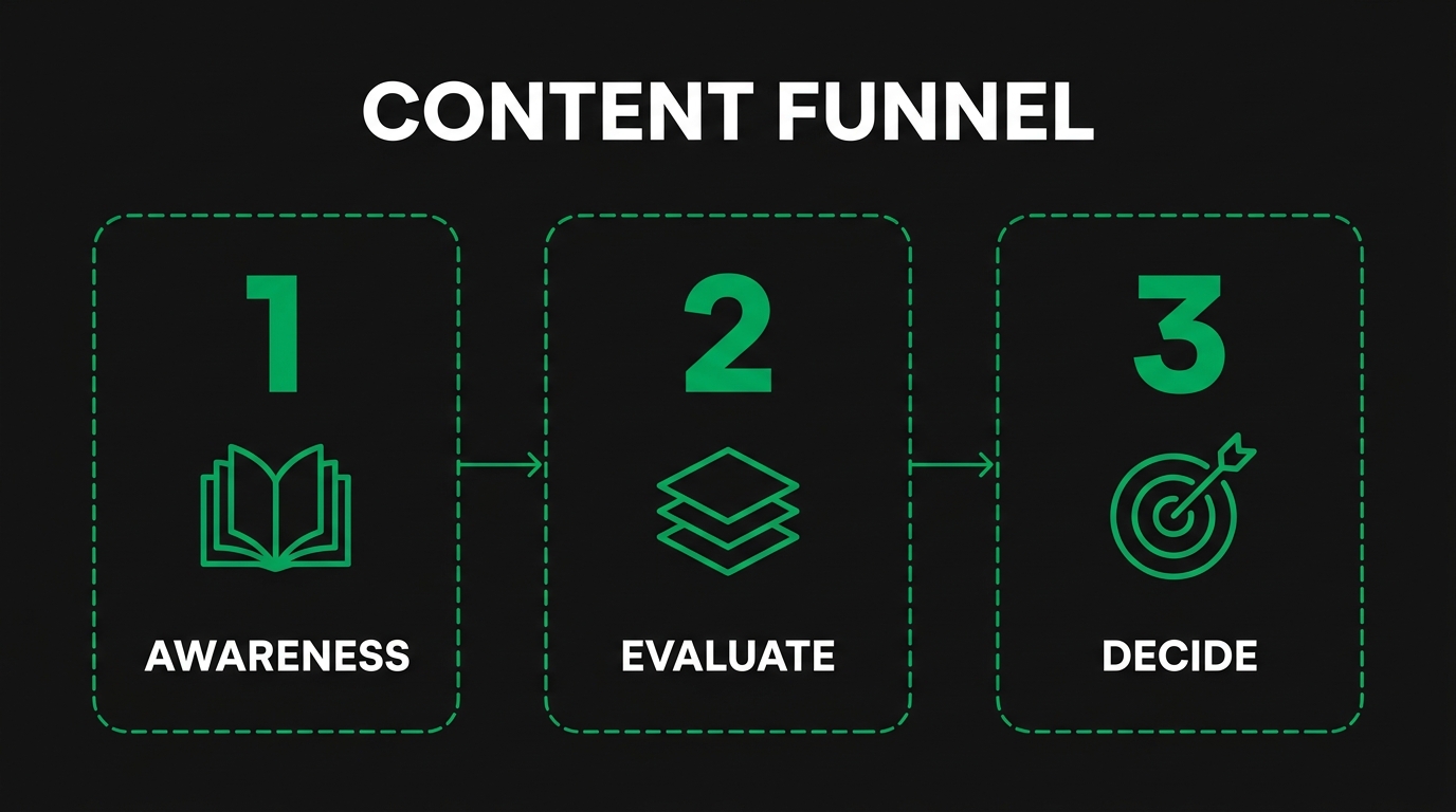 Three-step diagram showing content funnel with awareness, evaluate, decide