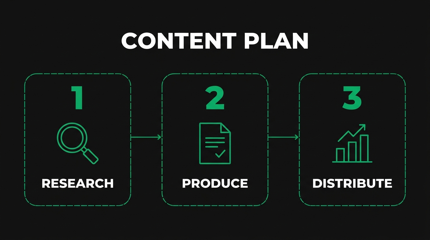 Three-step diagram showing content plan with research, produce, distribute