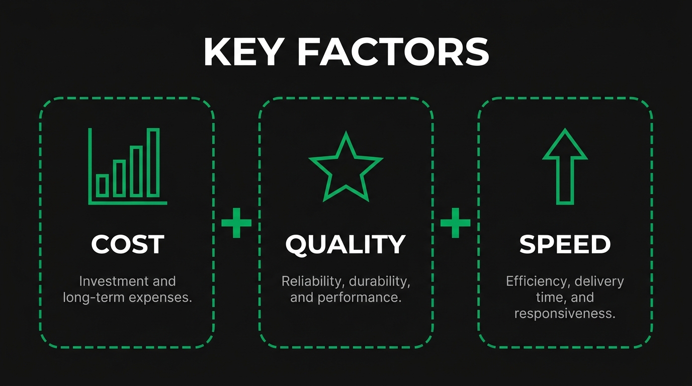 Three icon cards showing key factors with cost, quality, speed
