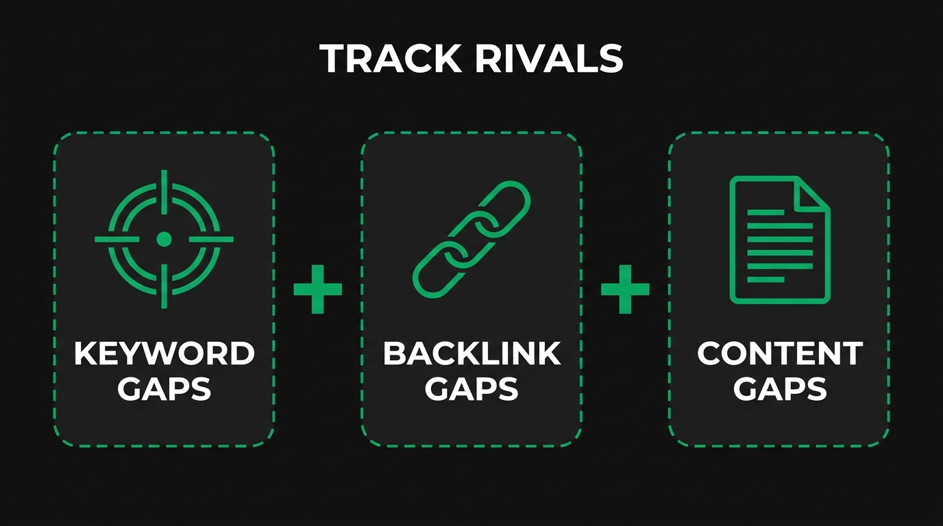 Three icon cards showing track rivals with keyword gaps, backlink gaps, content gaps