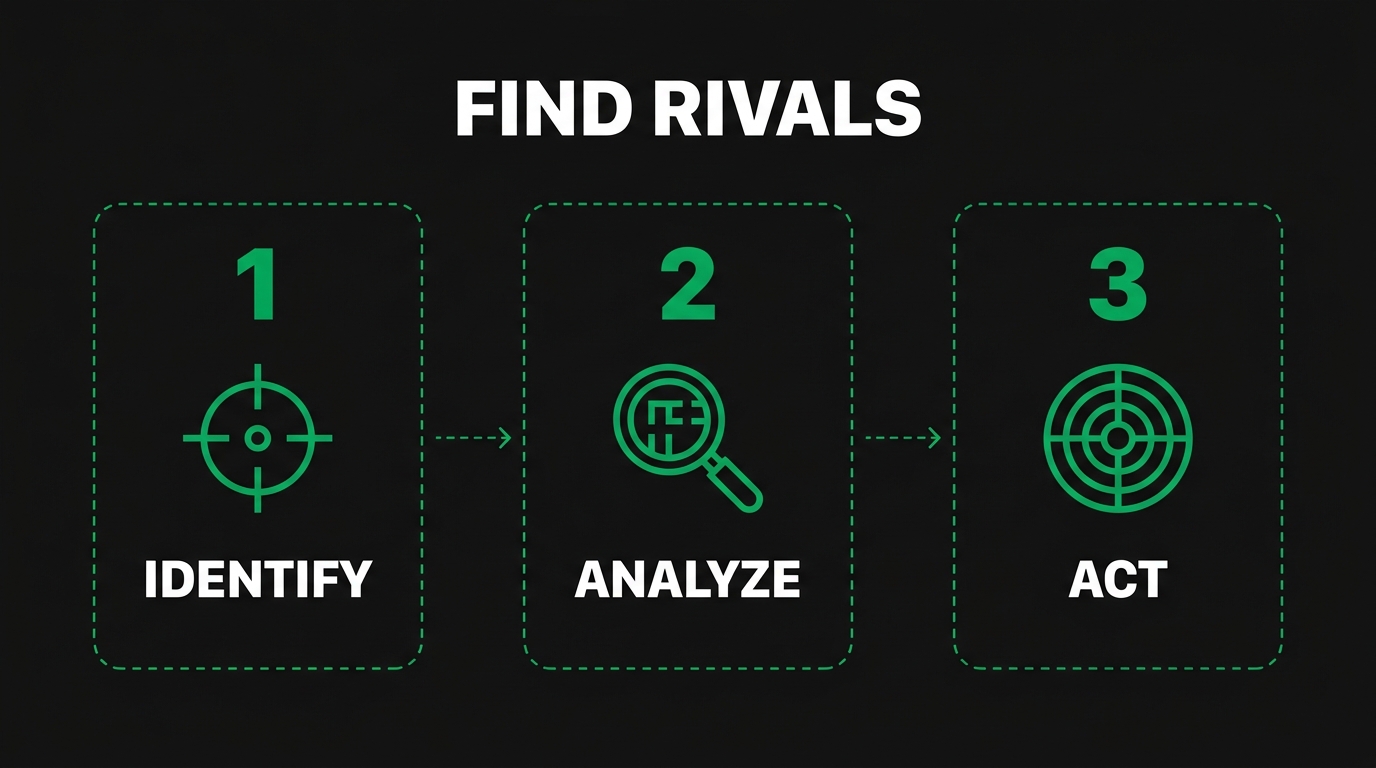 Three-step diagram showing find rivals with identify, analyze, act