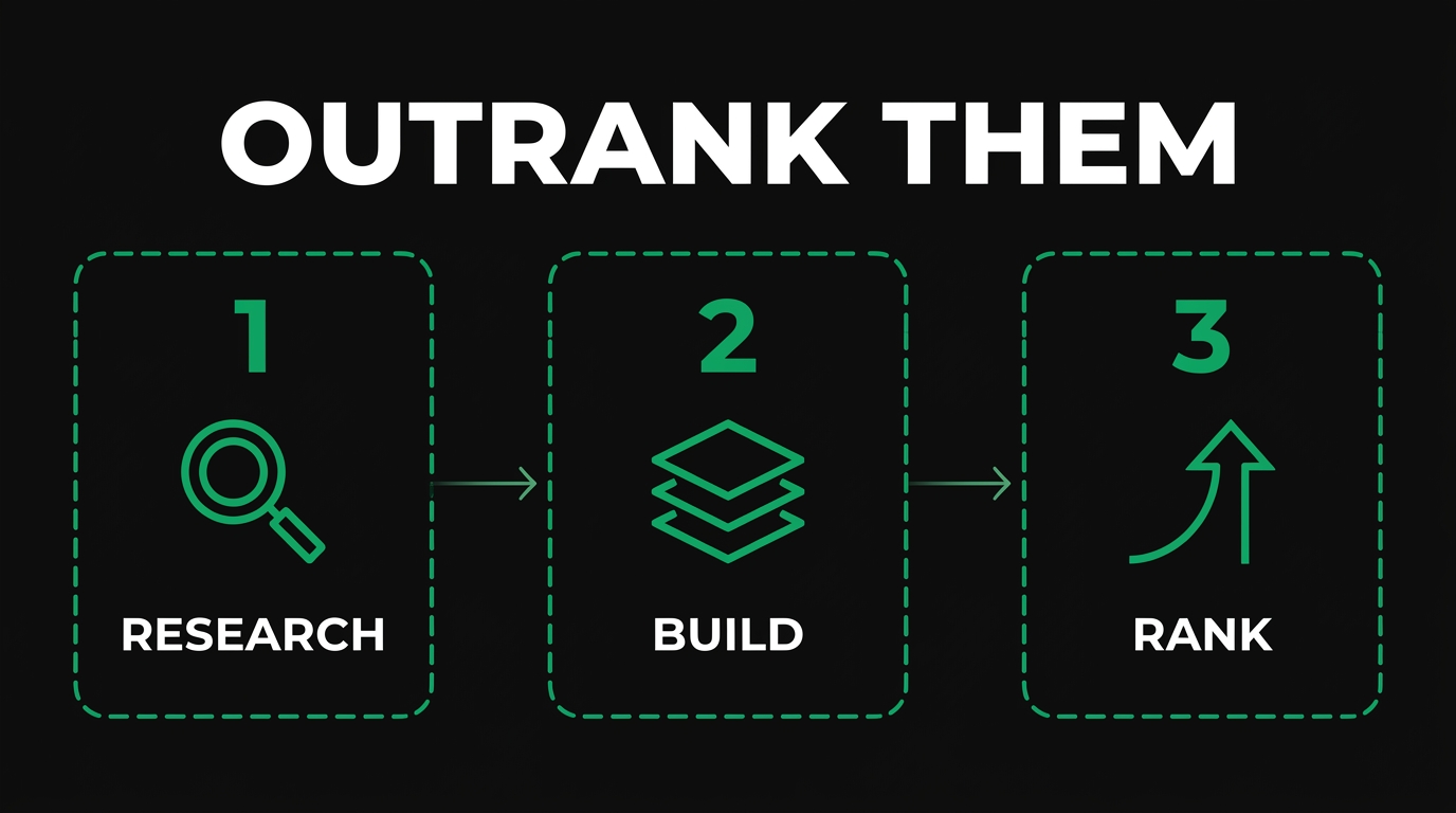 Three-step diagram showing outrank them with research, build, rank
