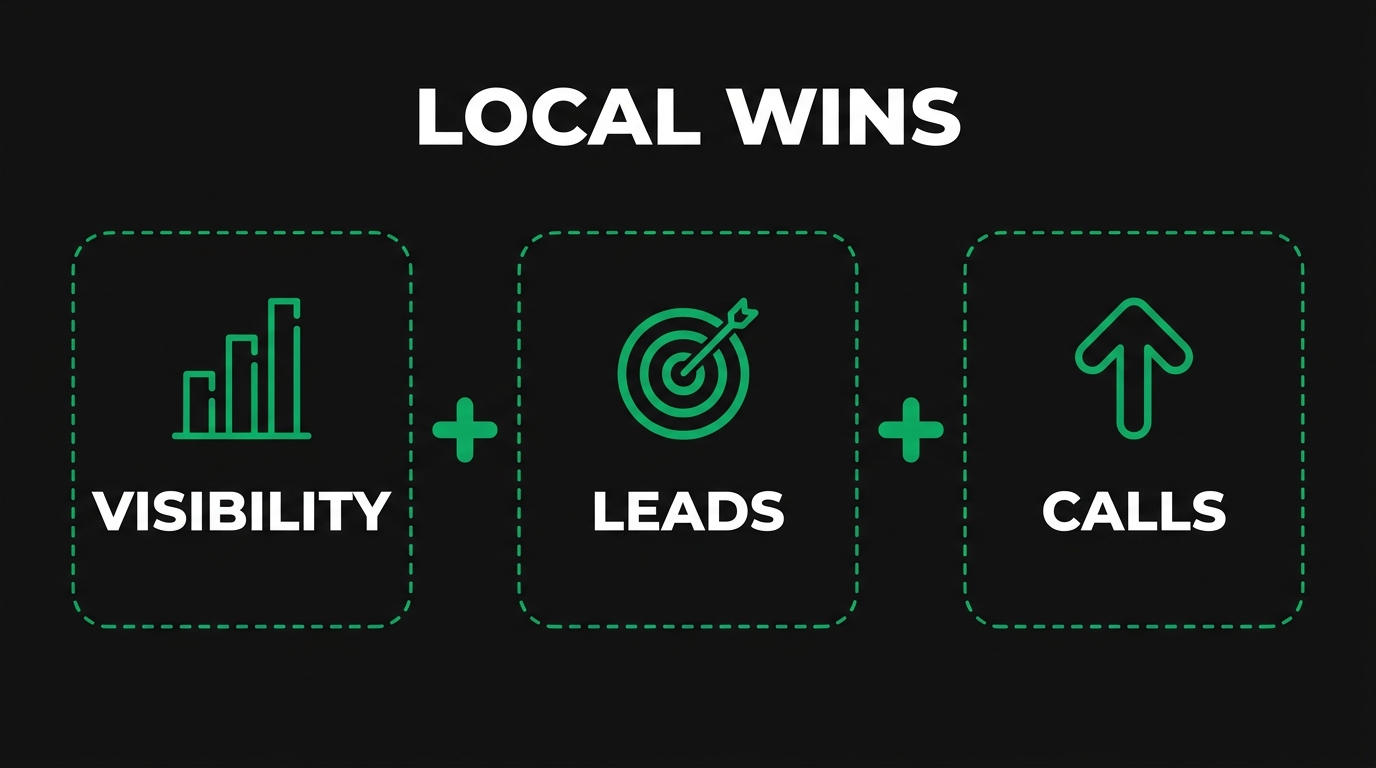 Three icon cards showing local wins with visibility, leads, calls