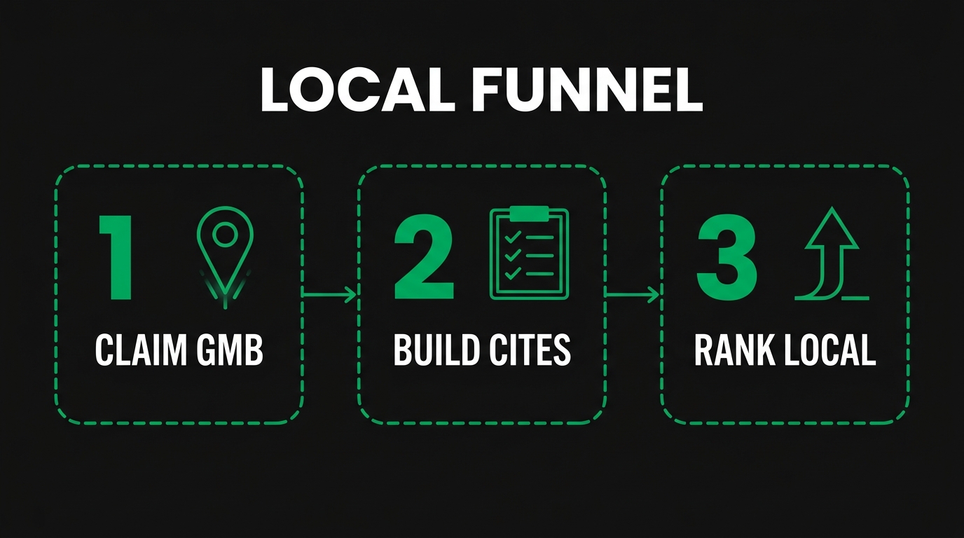 Three-step diagram showing local funnel with claim gmb, build cites, rank local