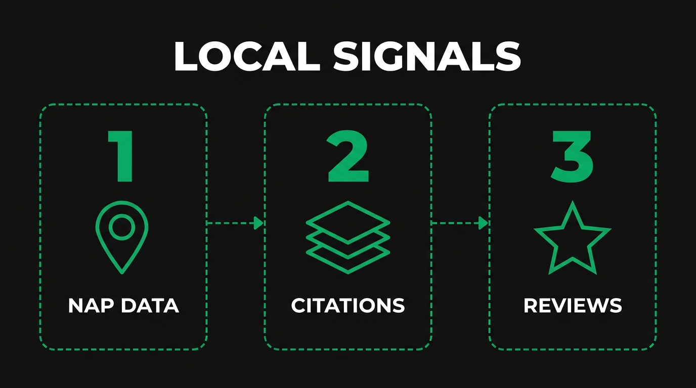 Three-step diagram showing local signals with nap data, citations, reviews
