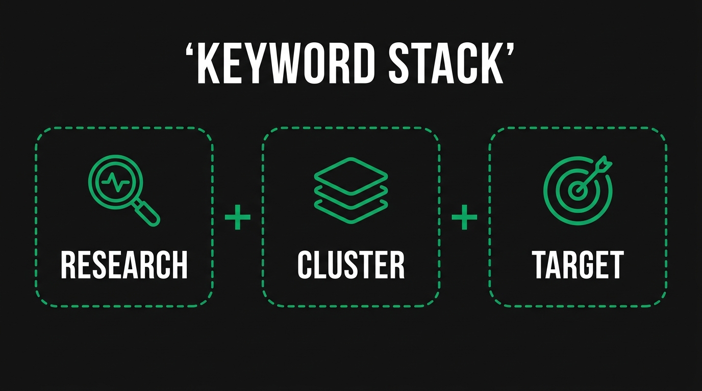 Three icon cards showing keyword stack with research, cluster, target