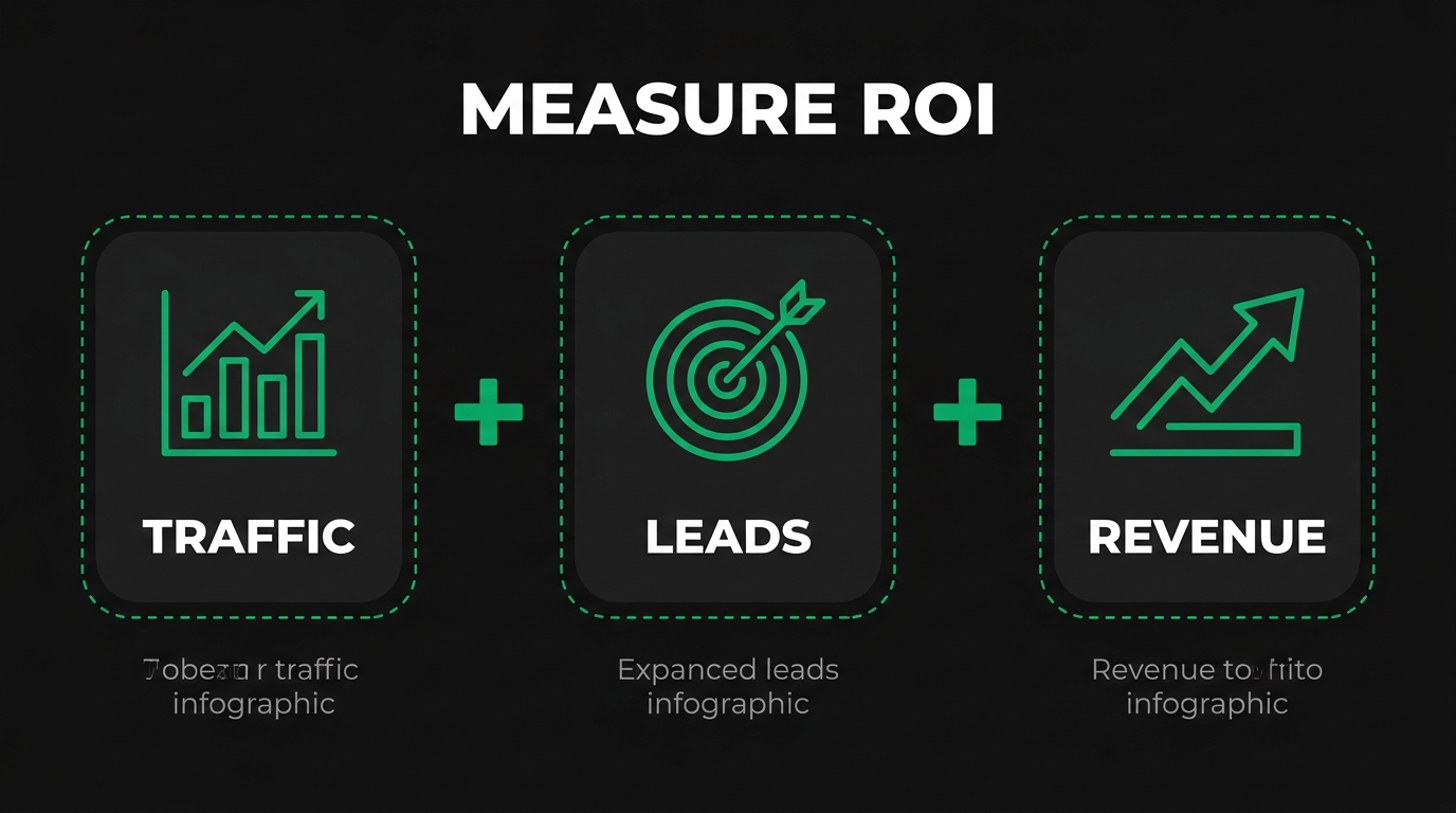 Three icon cards showing measure roi with traffic, leads, revenue