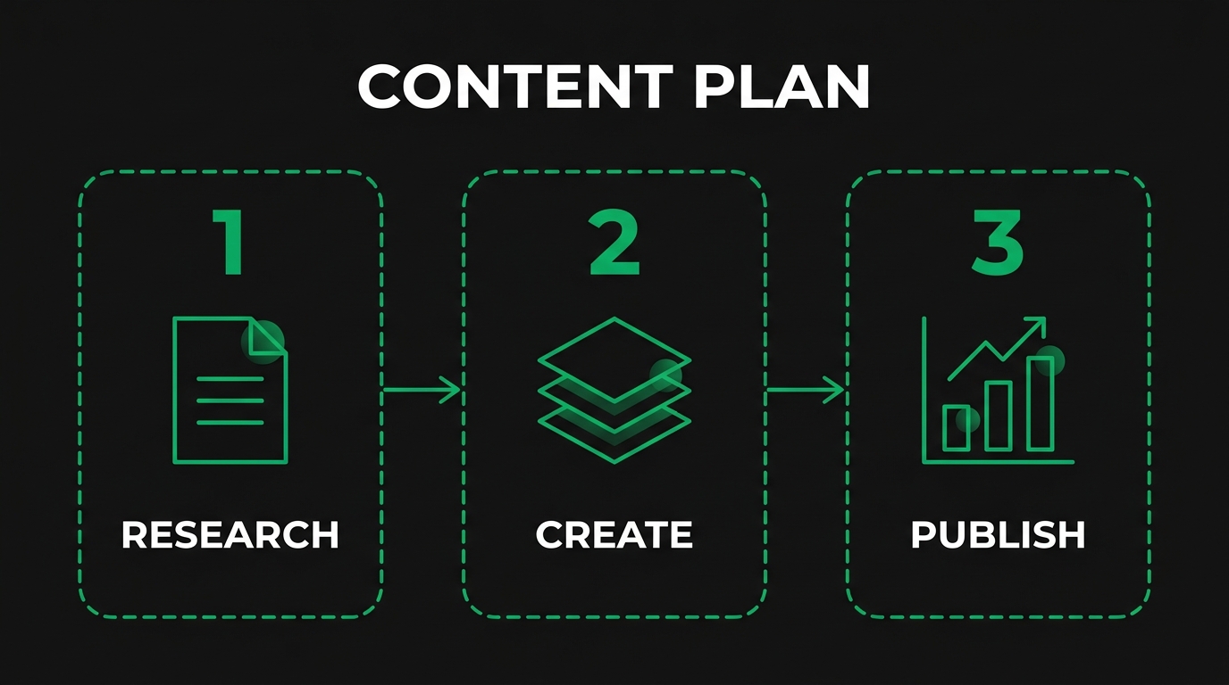 Three-step diagram showing content plan with research, create, publish