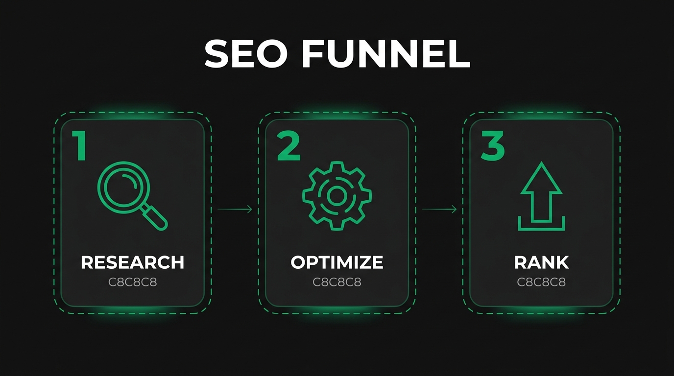 Three-step diagram showing seo funnel with research, optimize, rank