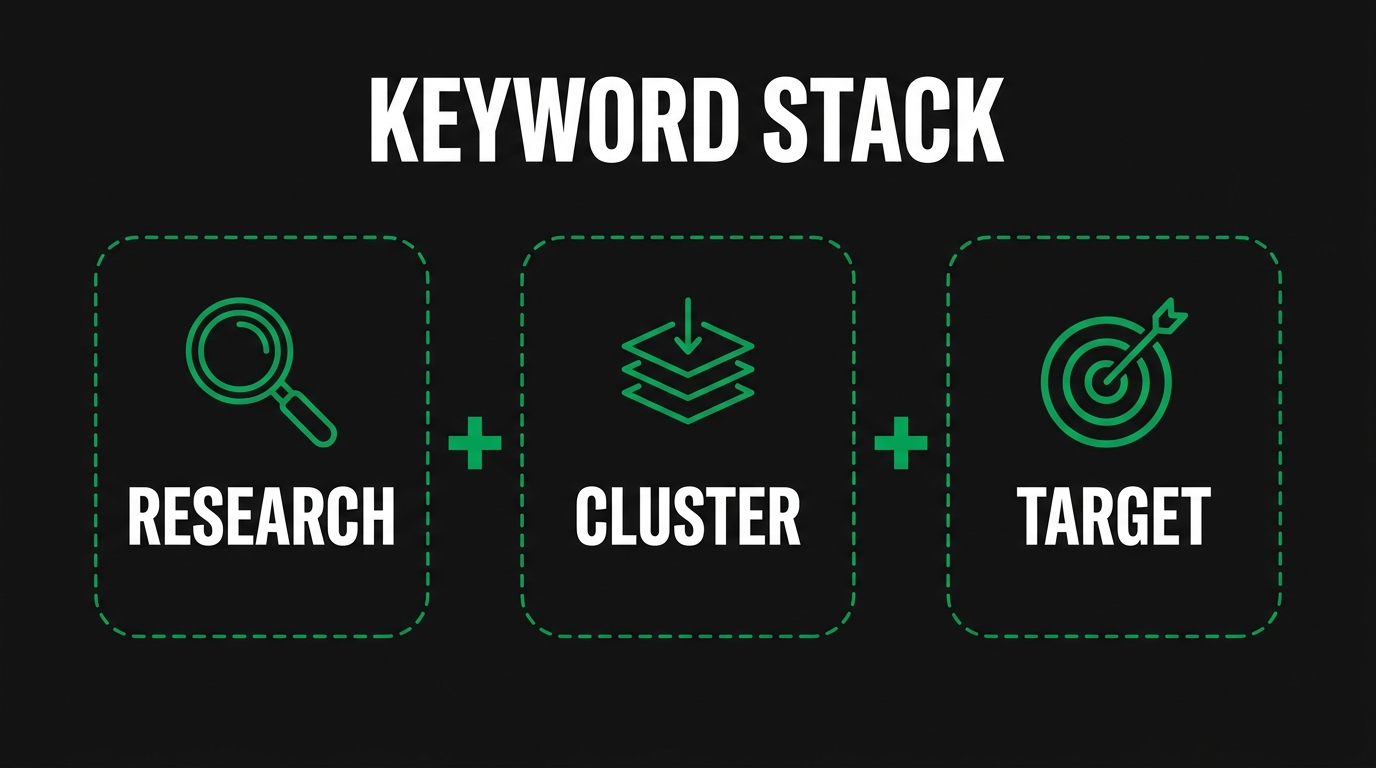 Three icon cards showing keyword stack with research, cluster, target