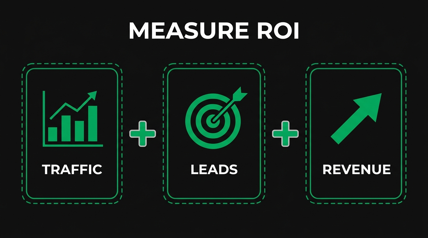 Three icon cards showing measure roi with traffic, leads, revenue