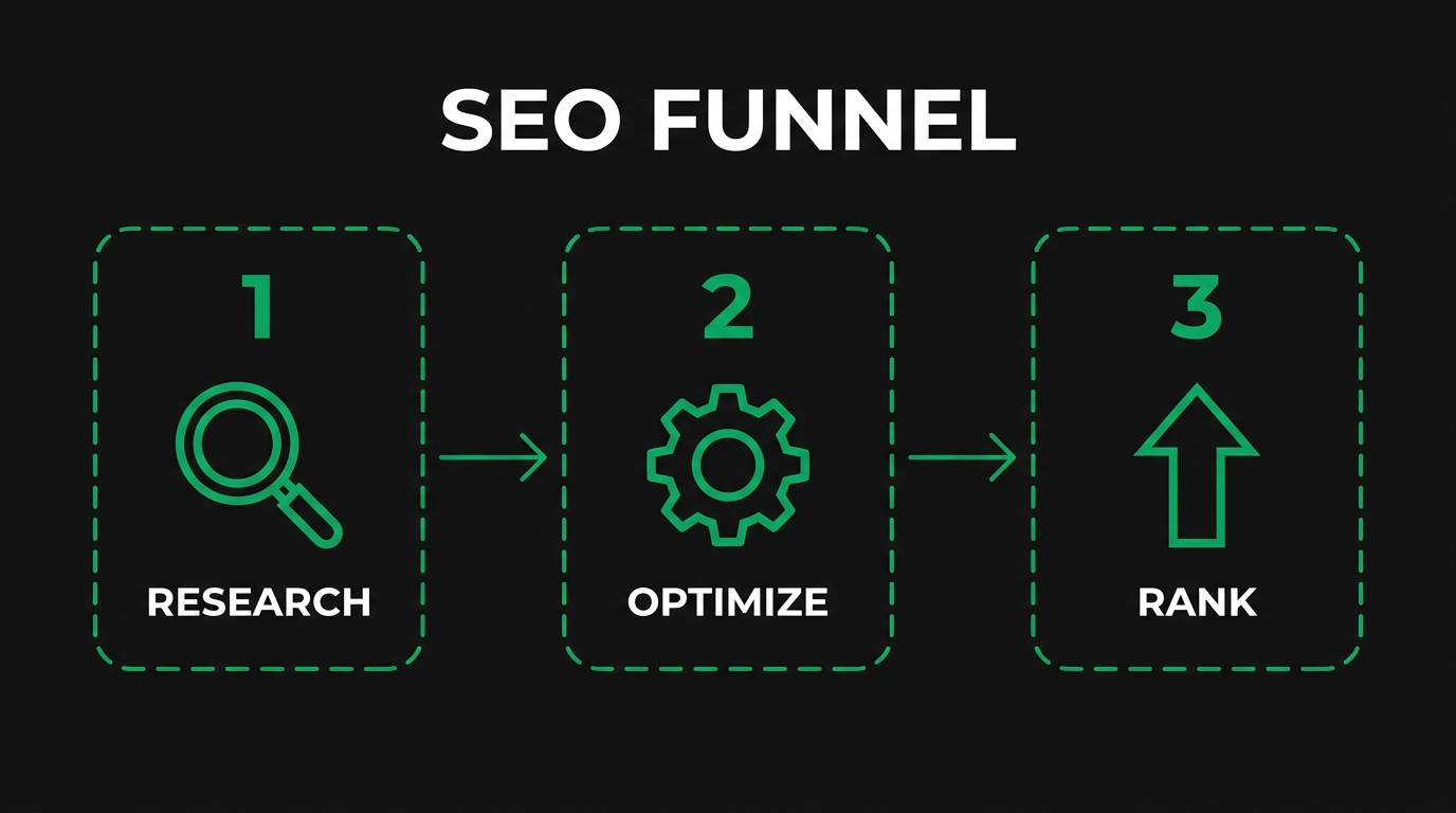 Three-step diagram showing seo funnel with research, optimize, rank