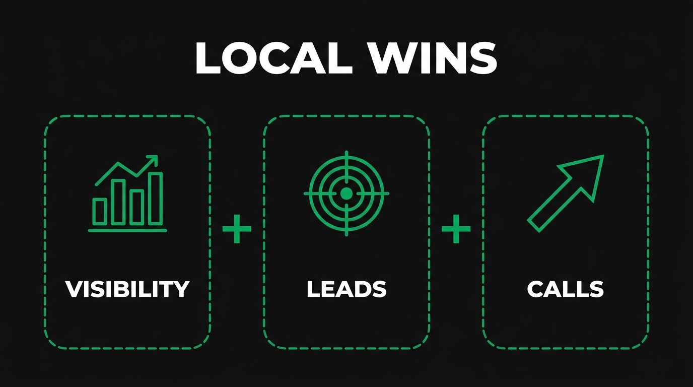 Three icon cards showing local wins with visibility, leads, calls