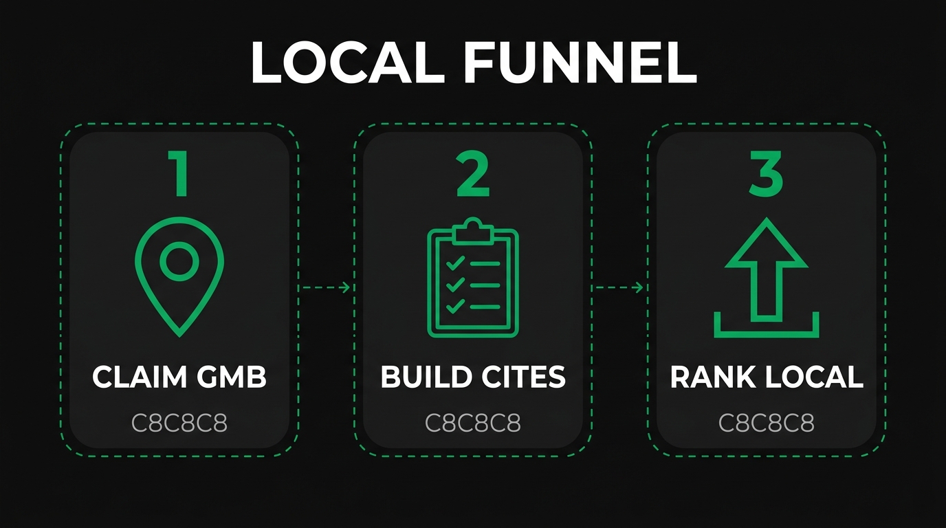 Three-step diagram showing local funnel with claim gmb, build cites, rank local