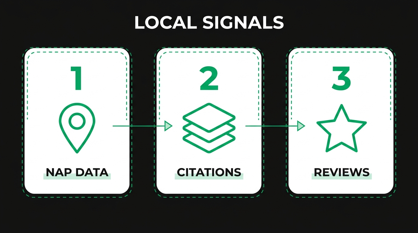 Three-step diagram showing local signals with nap data, citations, reviews