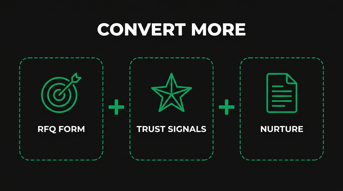 Three icon cards showing convert more with rfq form, trust signals, nurture
