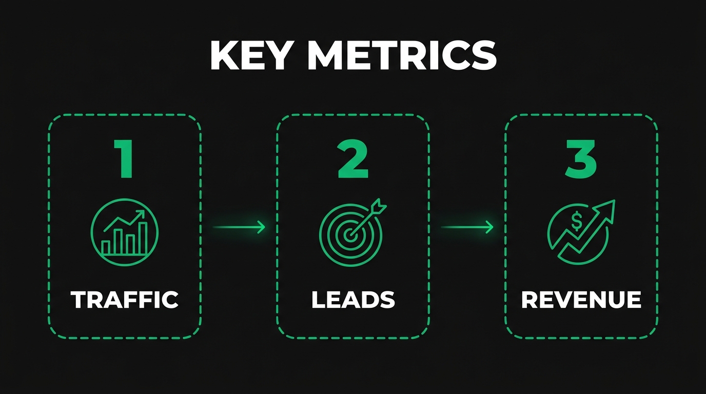 Three-step diagram showing key metrics with traffic, leads, revenue