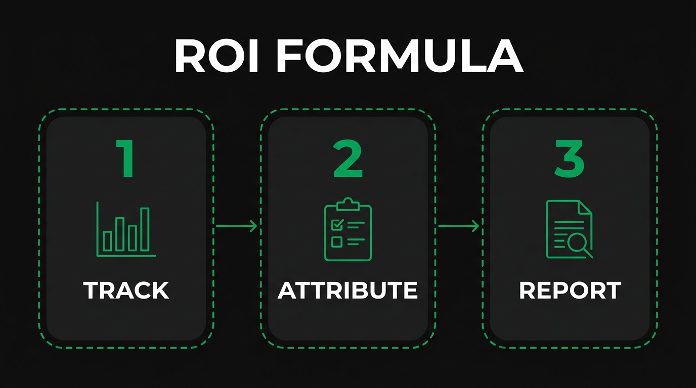 Three-step diagram showing roi formula with track, attribute, report