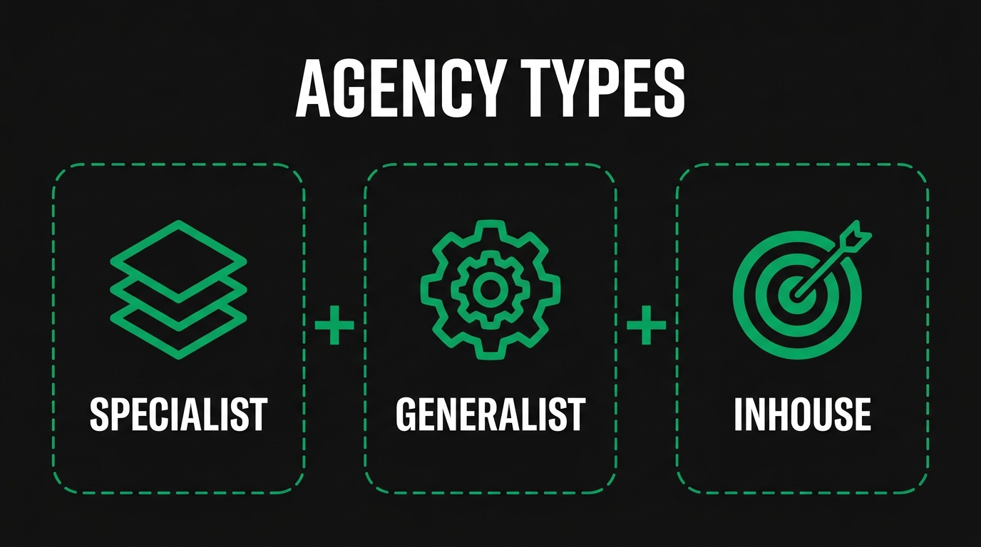 Three icon cards showing agency types with specialist, generalist, inhouse