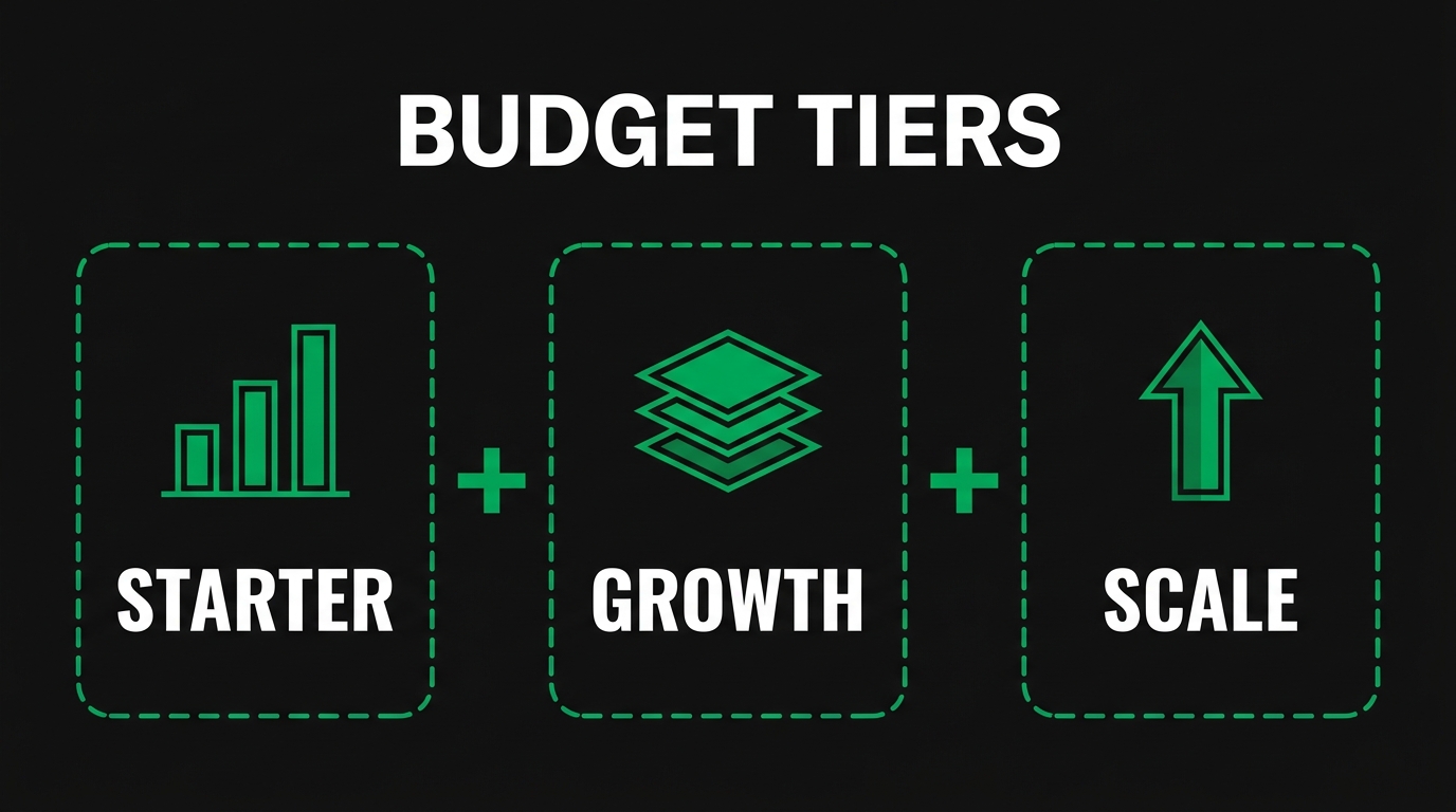 Three icon cards showing budget tiers with starter, growth, scale