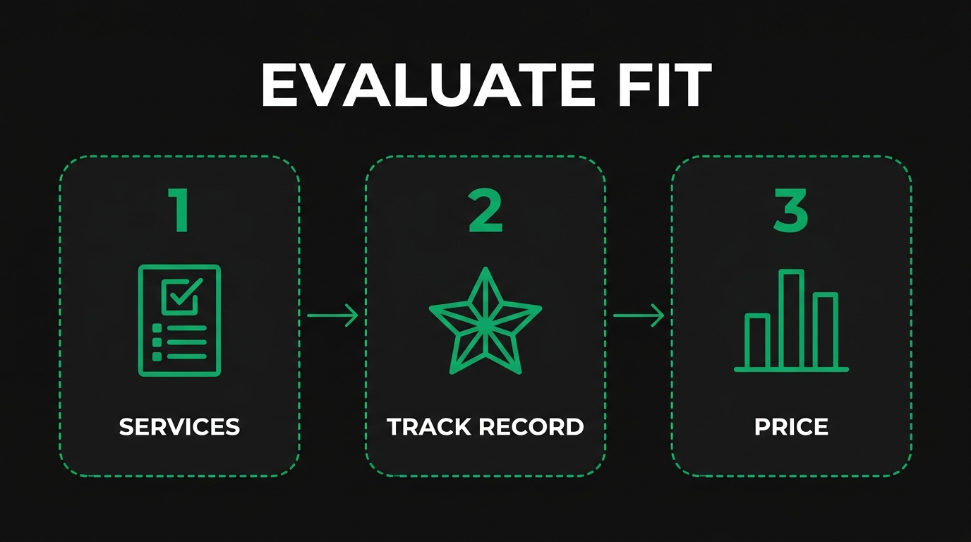 Three-step diagram showing evaluate fit with services, track record, price