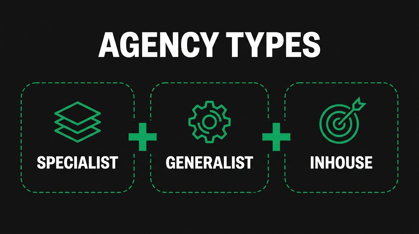 Three icon cards showing agency types with specialist, generalist, inhouse