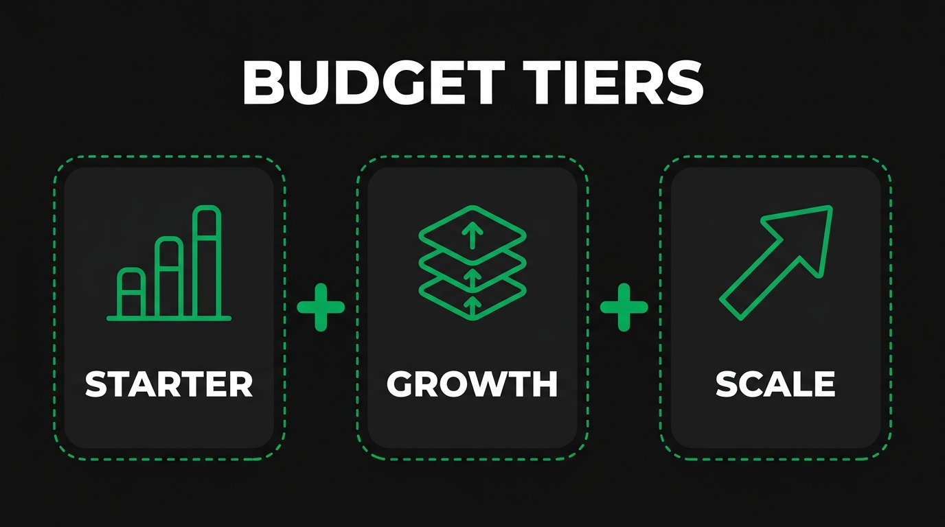 Three icon cards showing budget tiers with starter, growth, scale