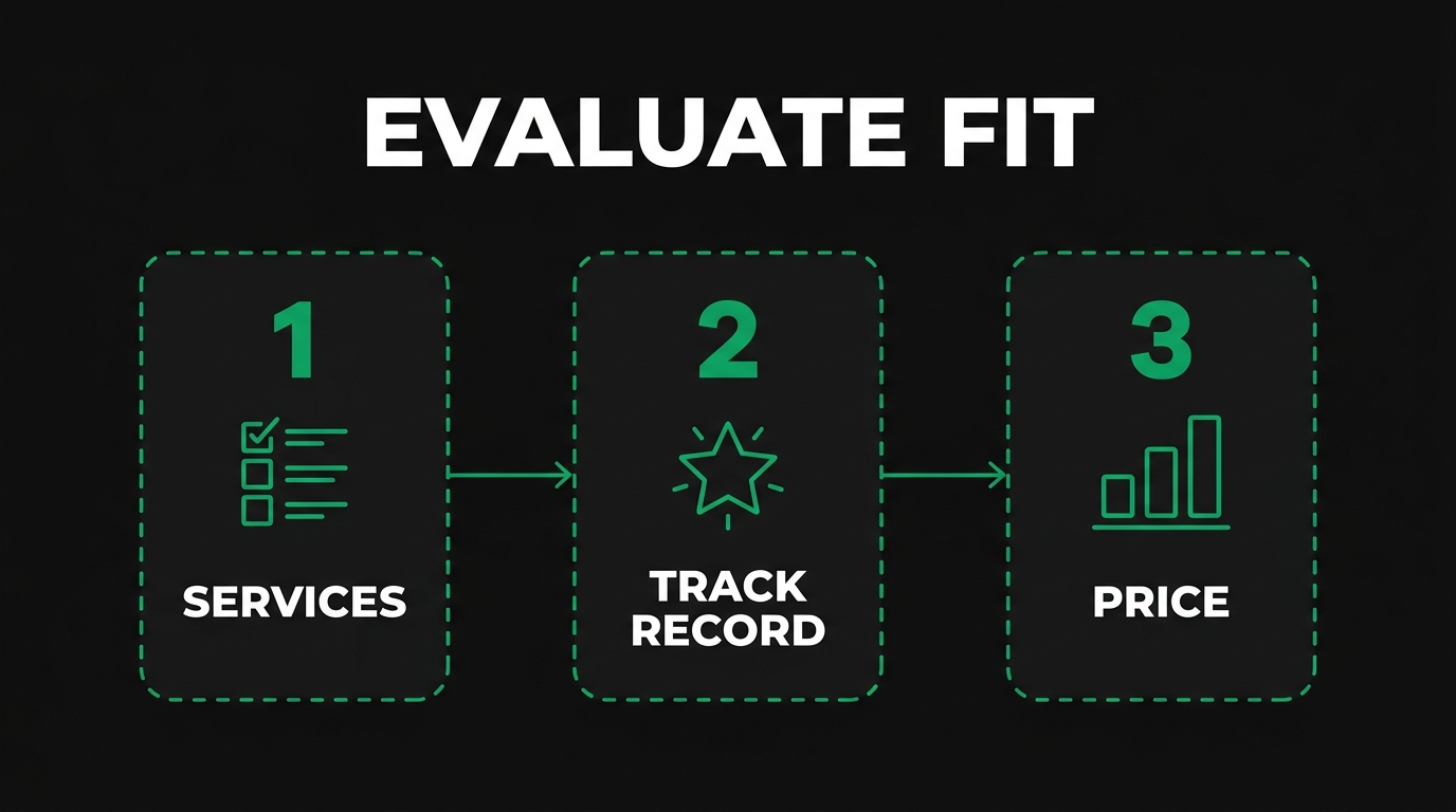 Three-step diagram showing evaluate fit with services, track record, price