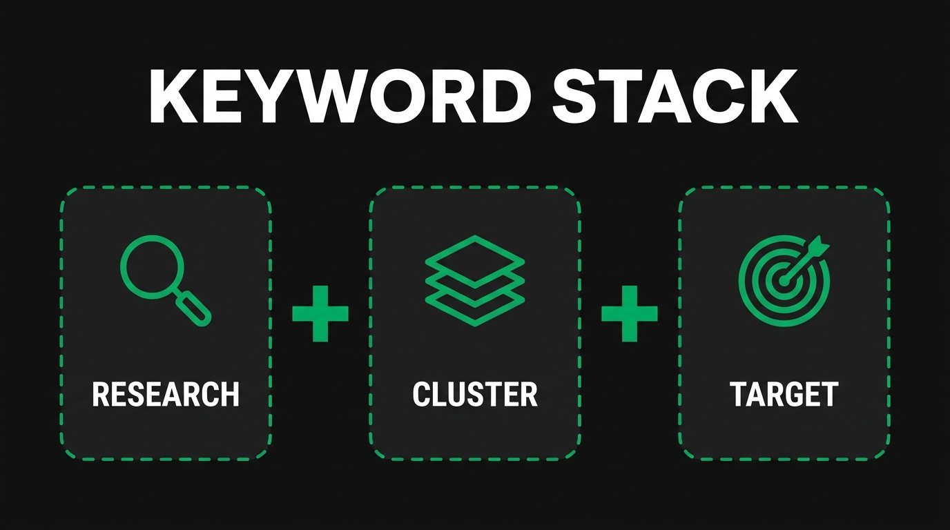 Three icon cards showing keyword stack with research, cluster, target