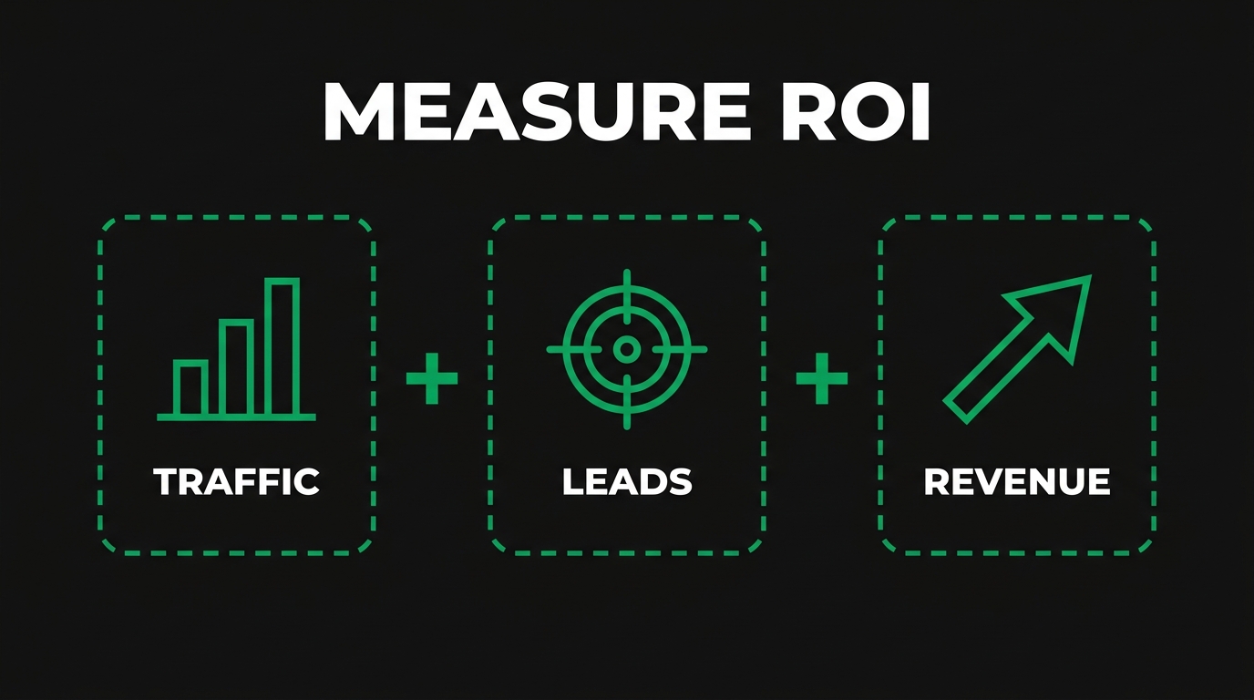 Three icon cards showing measure roi with traffic, leads, revenue