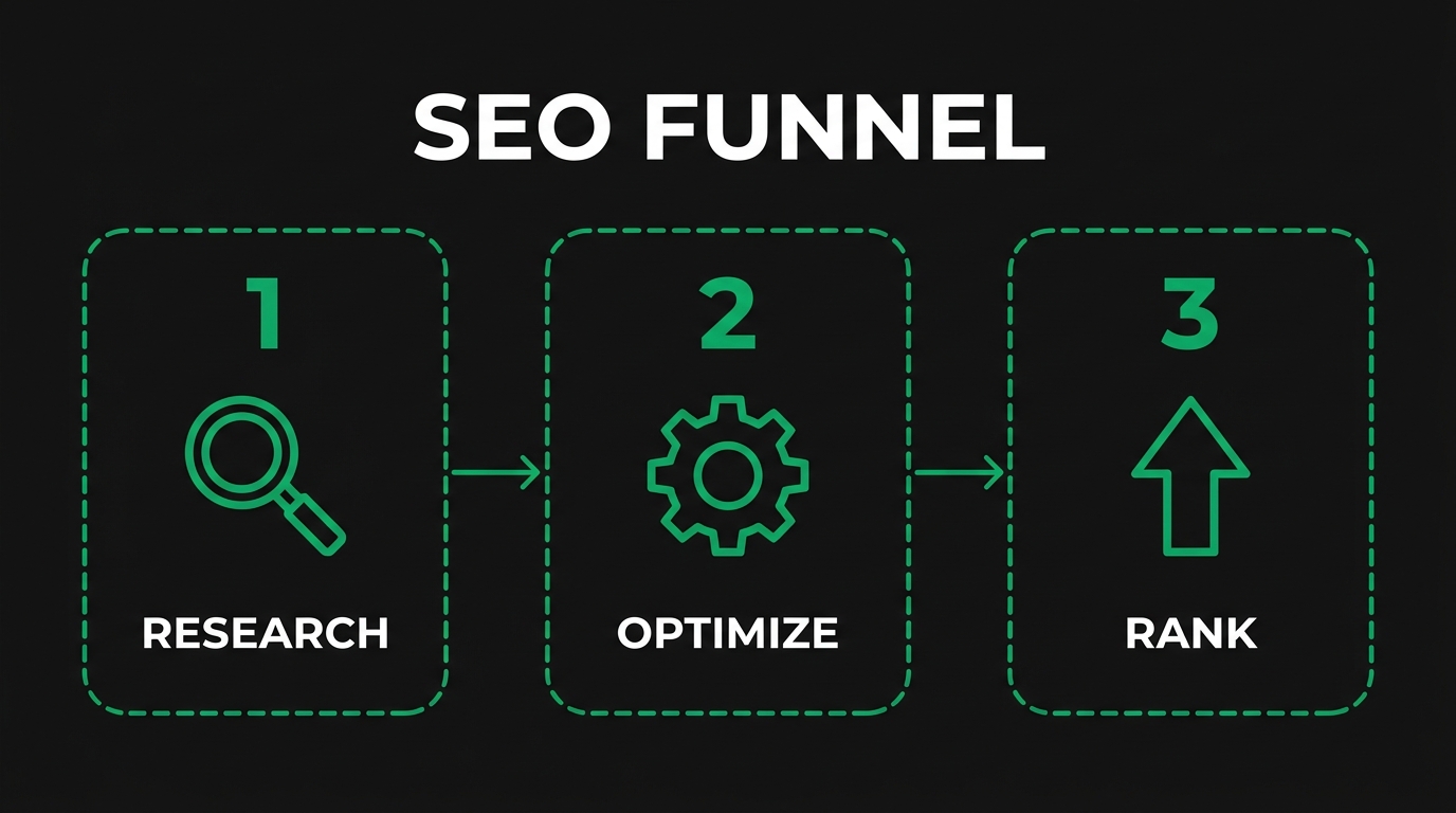 Three-step diagram showing seo funnel with research, optimize, rank