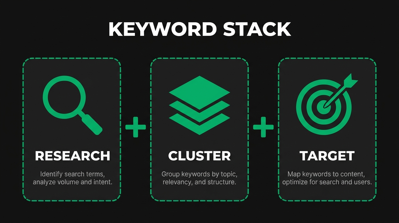 Three icon cards showing keyword stack with research, cluster, target