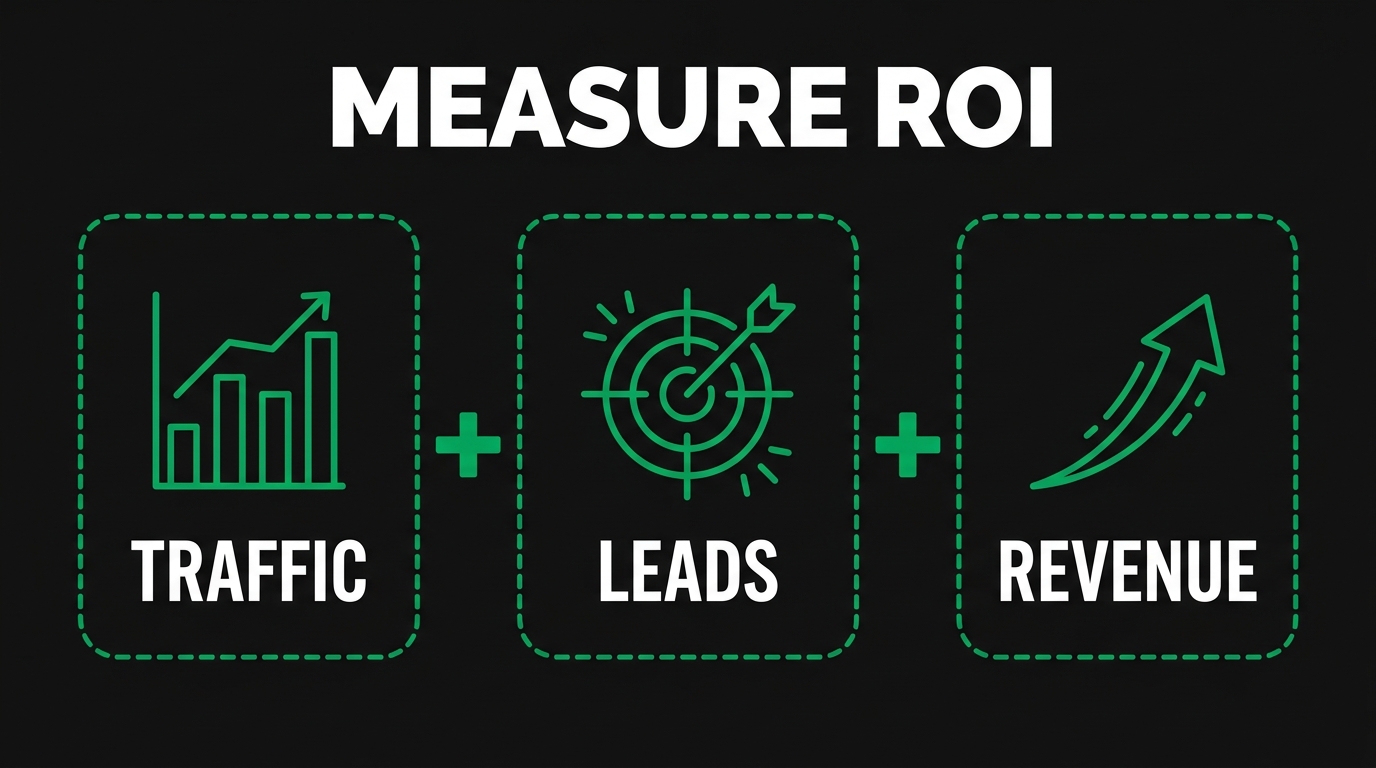 Three icon cards showing measure roi with traffic, leads, revenue