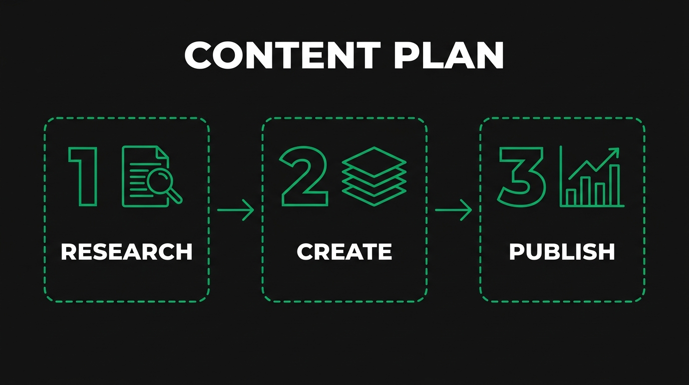 Three-step diagram showing content plan with research, create, publish