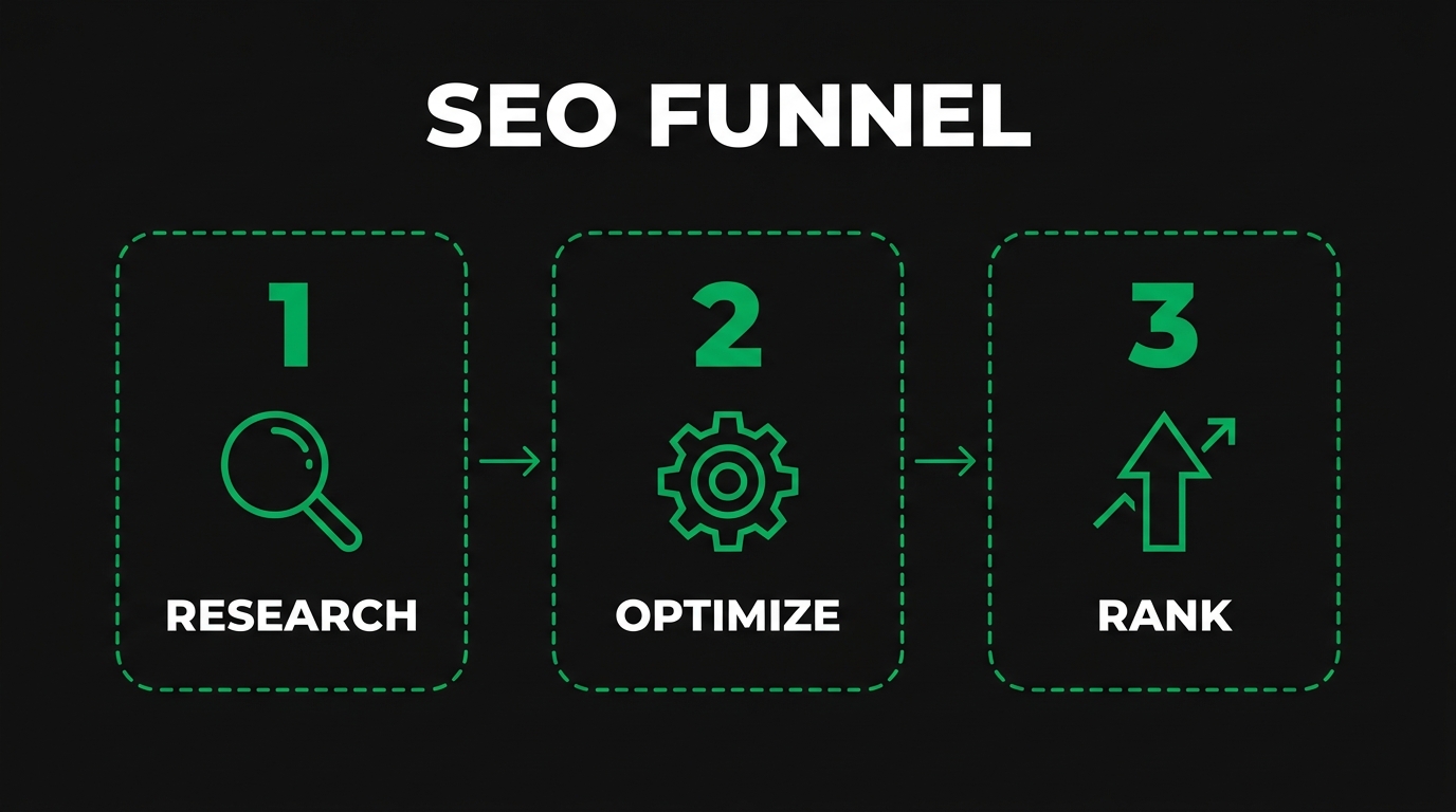 Three-step diagram showing seo funnel with research, optimize, rank