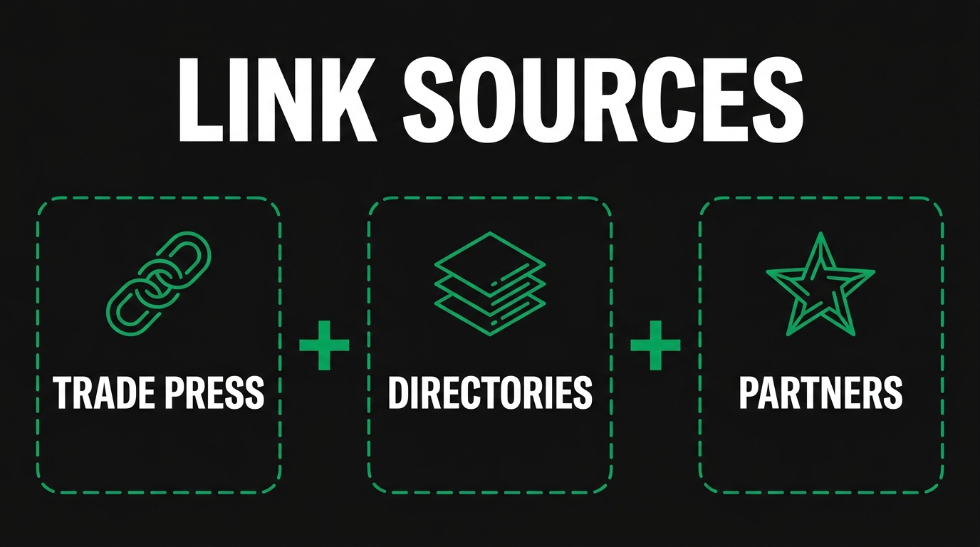 Three icon cards showing link sources with trade press, directories, partners