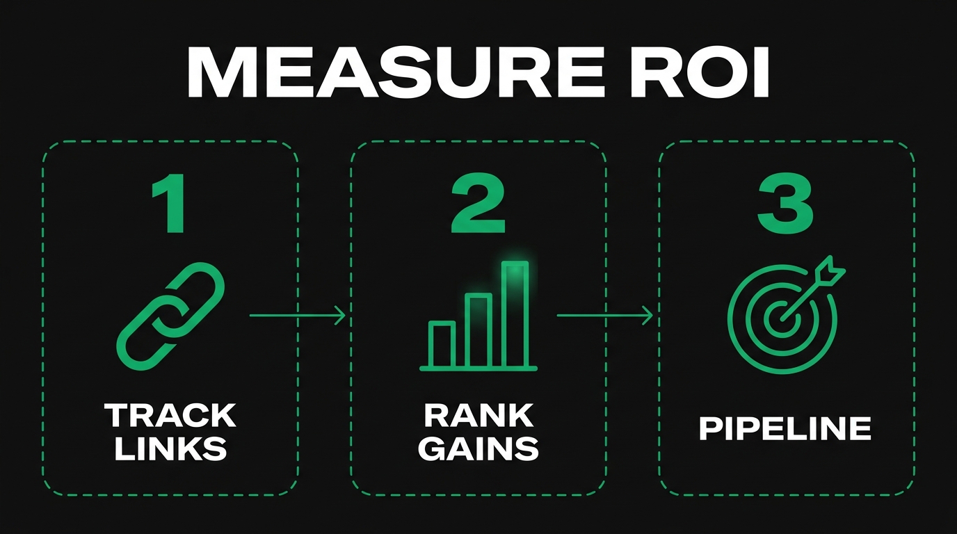 Three-step diagram showing measure roi with track links, rank gains, pipeline