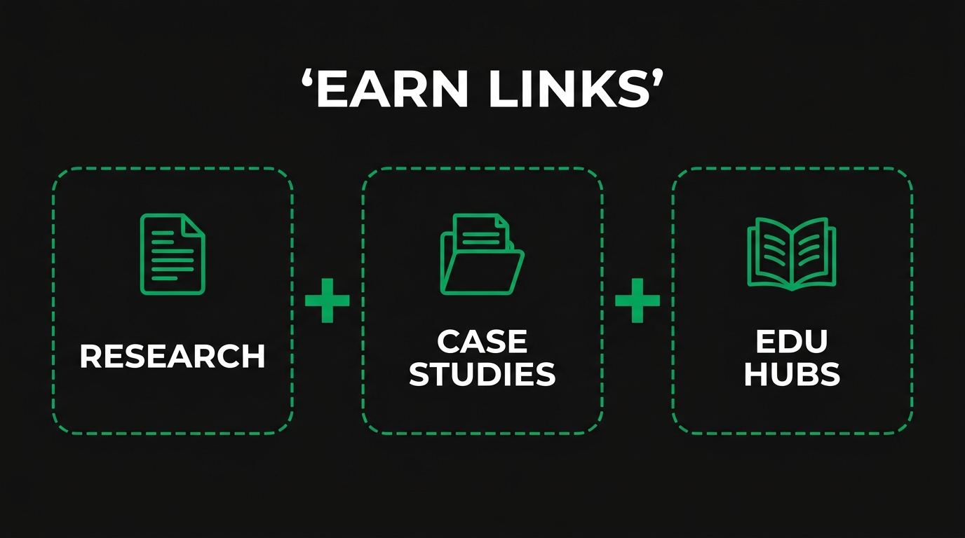 Three icon cards showing earn links with research, case studies, edu hubs