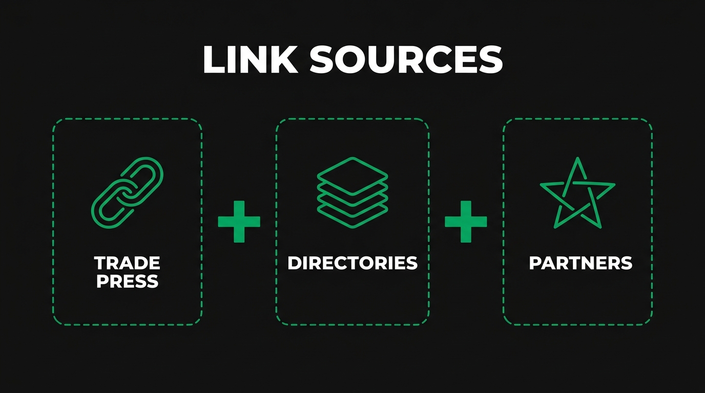 Three icon cards showing link sources with trade press, directories, partners