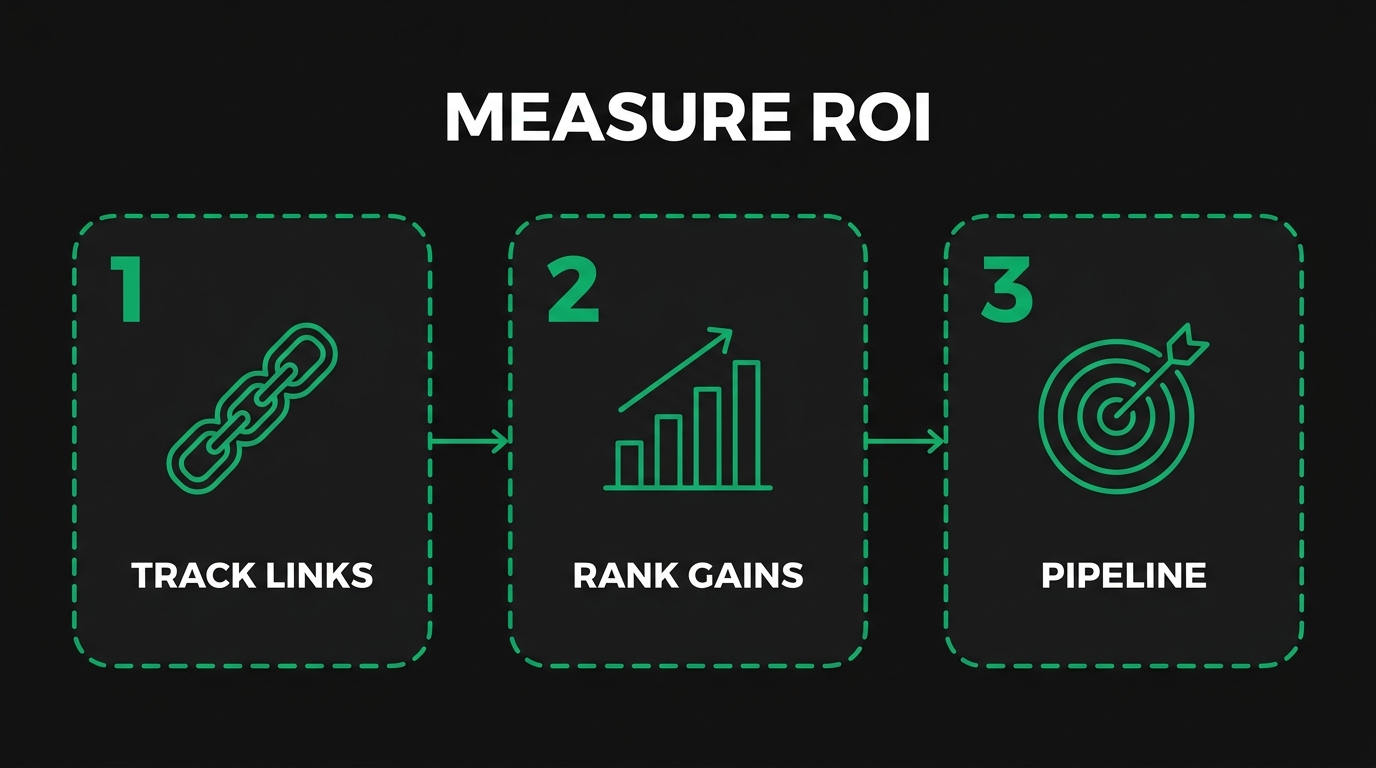Three-step diagram showing measure roi with track links, rank gains, pipeline